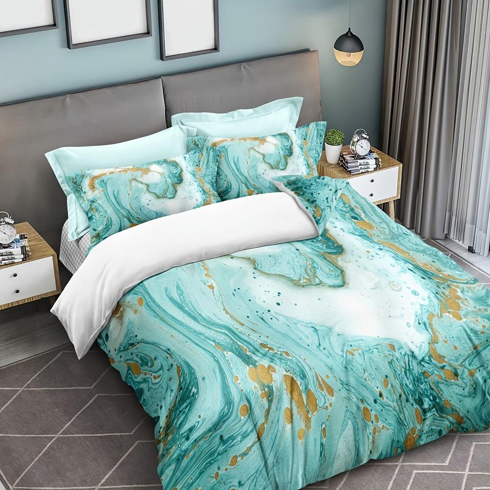Green Color Duvet Cover Retro Watercolor Marble Bedding Set and Pillowcases Elegant Guest Room Decor