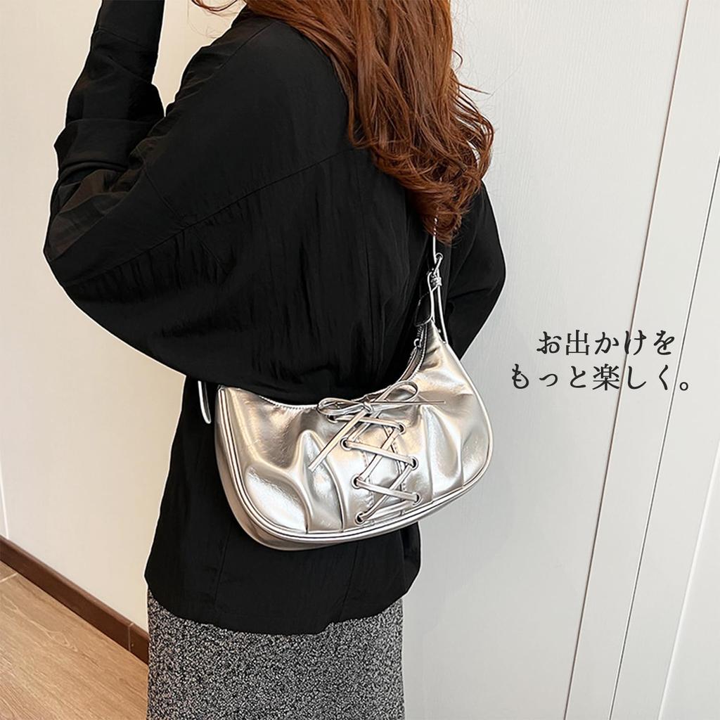 Hobo Bag Shoulder Bag Horizontal Ribbon Handbag Silver Bag Landmine Style Y2K Ballet Core Horizontal Bag Black Silver Shoulder Double Pockets Stylish