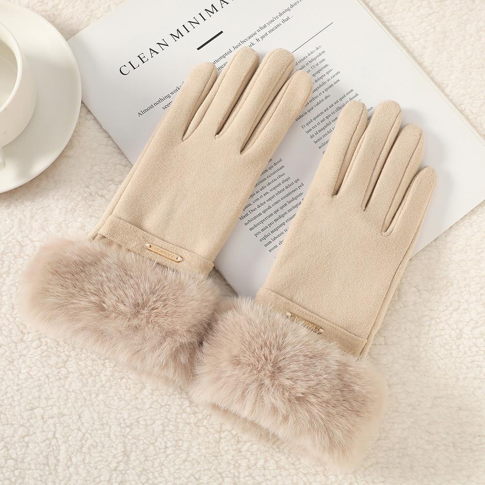 Warm Gloves for Women In Autumn and Winter Outdoor Riding Cold Proof Thickened Plush Velvet Cute Bow Develvet Touch Screen Gloves