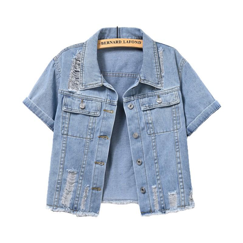 Giacca da donna in denim leggero a maniche corte - Esclusiva estiva, Camicia trendy di alta gamma