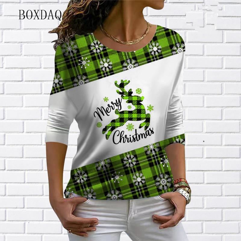 Christmas Women's Sweatshirt Designer Round Neck Long Sleeve Loose Casual Christmas Plaid Stitching Elk Fun Pattern Print Top