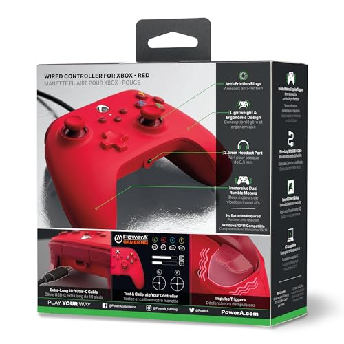 [2 Year Warranty] Powera Wired Controller Xbox Series X|s Xbox One Pc for Windows 10/11  Official Licensed  1519366-01 Red Double Vibration Function