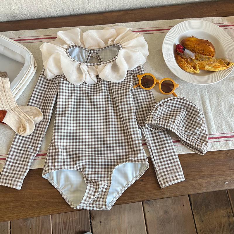 

Цельный летний купальник для детей, простой корейский модный клетчатый купальник для девочек, мягкая летняя пляжная одежда для малышей