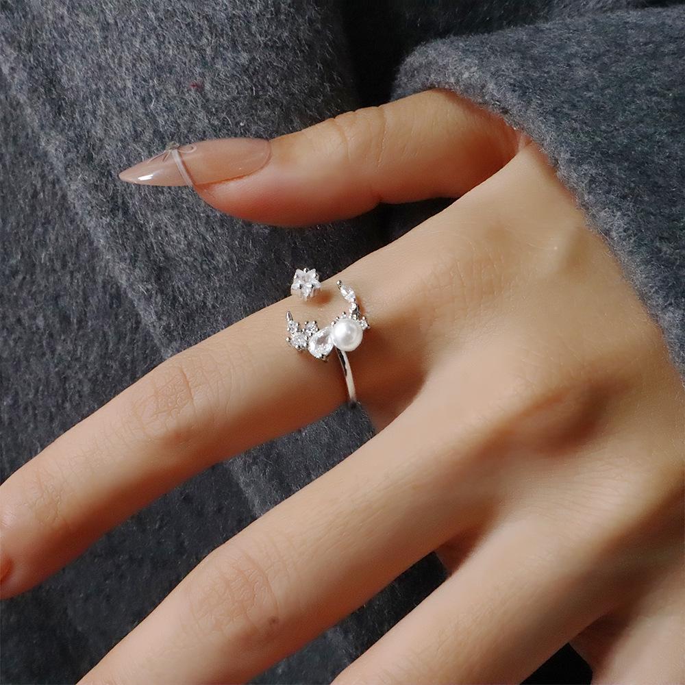 Super Shiny Zircon Pearl Adjustable Ring - Korean Style, Light Luxury, Irregular Star Moon Design