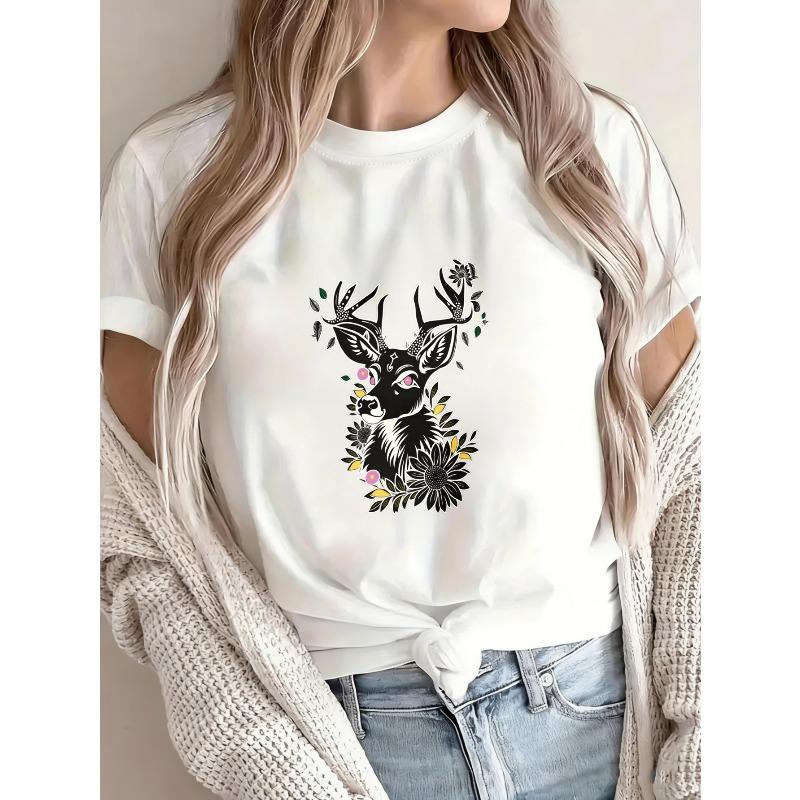 White T Shirt With Deer And Floral Print For Casual Wear