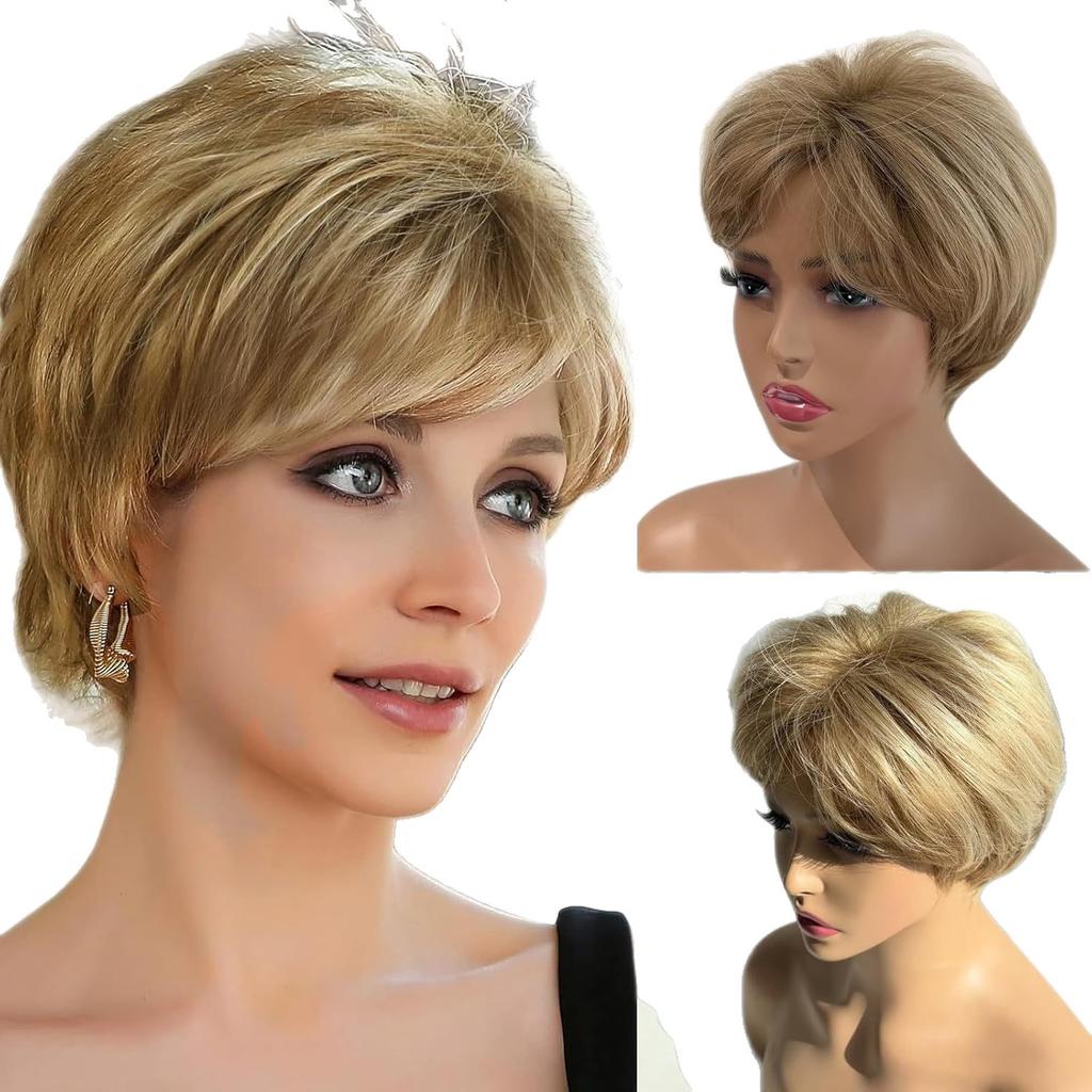 Ladies' Fashionable Gold Slanted Bangs Short Straight Hair Cover