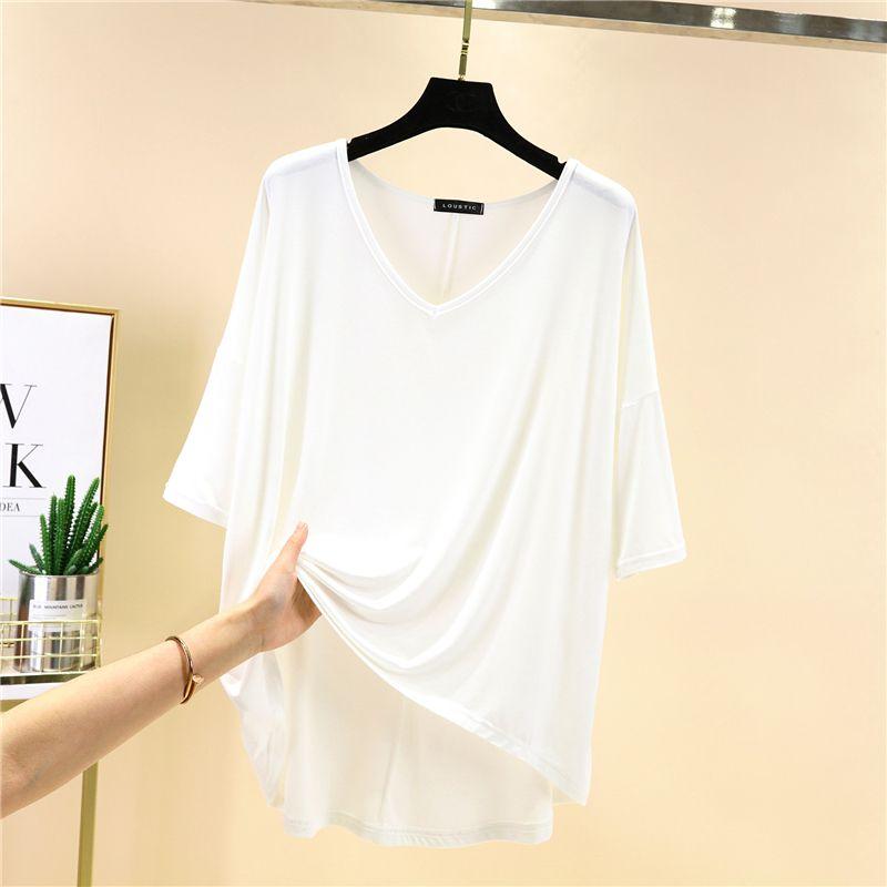 Women's Summer Thin Modal V-neck Bottom Shirt Half Sleeve T-shirt Large Loose Versatile Medium Sleeve Top