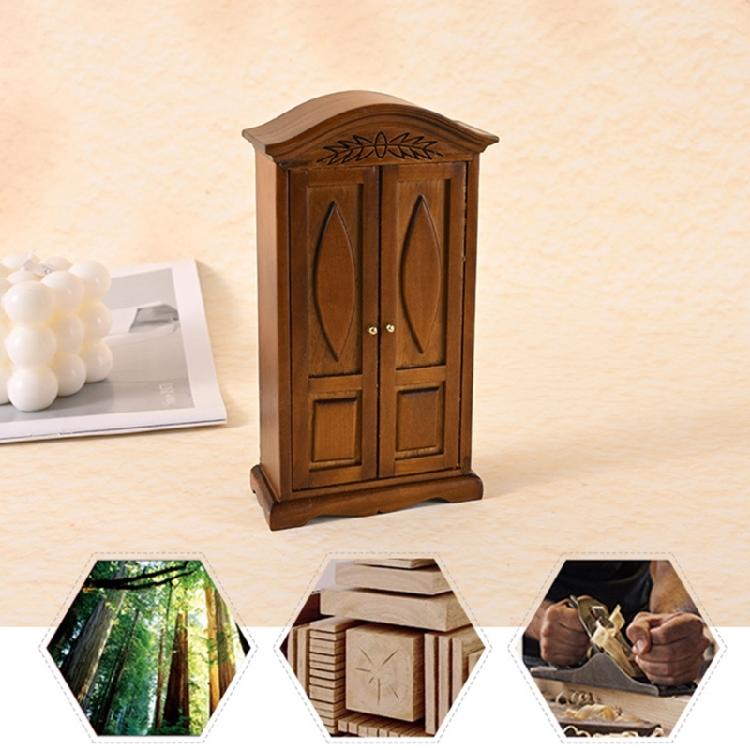 Miniature Antique Wooden Wardrobe For 1/12 Scale Dollhouses Accessories Double Door Cabinet Bedroom Scene Display Props