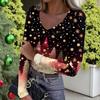 Women's Winter Slim-Fit Base Layer T-Shirt Fashionable Christmas Print V-Neck Pullover Long-Sleeved Top