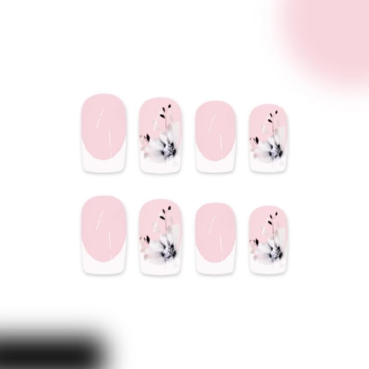 Press On Nail Short Square False Nail French Tip Flower Nail Manicure Decoration Nail Art Accesories For Women 24Pcs
