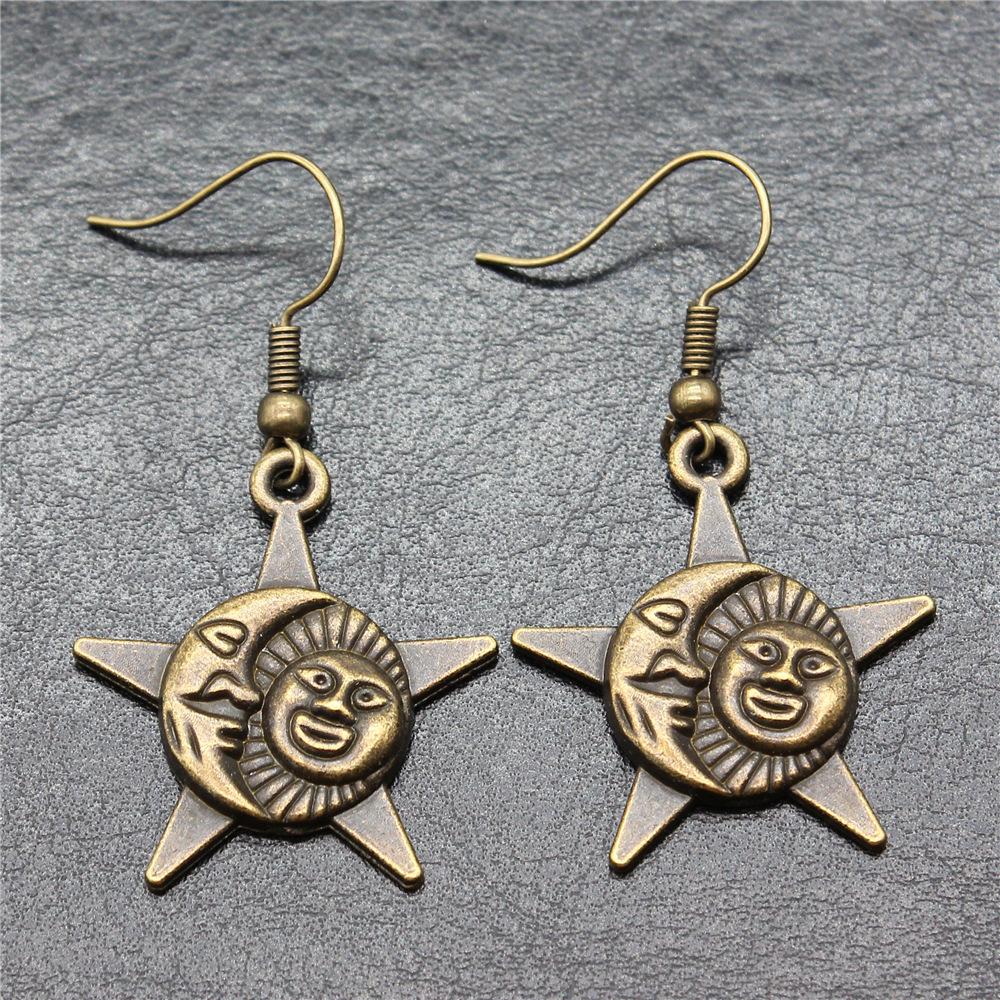 Fashion Handmade Simple Design Sun And Moon Drop Earrings Antique Bronze Silver Color Plated