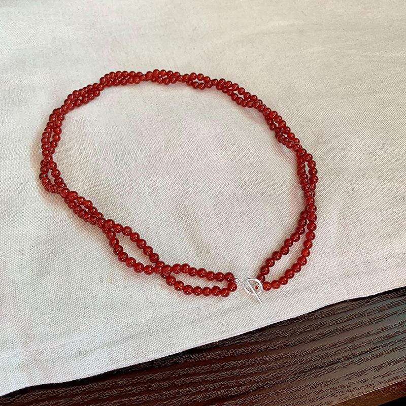 Handmade Red Agate Natural Stone Double Layer Twist Rope Necklace Women Silver Toggle Clasp Choker