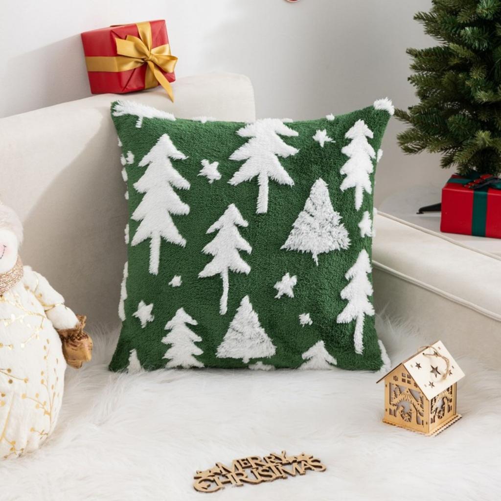 1pc Plush Christmas Tree & Snowflake Design Throw Pillow Cover, Suitable For Living Room, Bedroom, 4 Seasons Decor