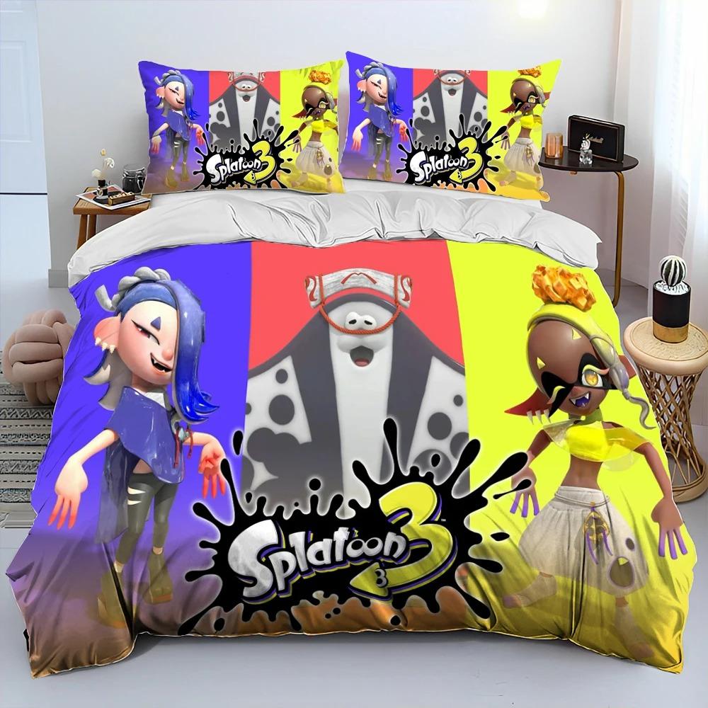 Anime-Themed Splatoon Design Bedding, 3D Digital Print, All-Season Polyester Quilt Cover & 1/2 Pillowcases
