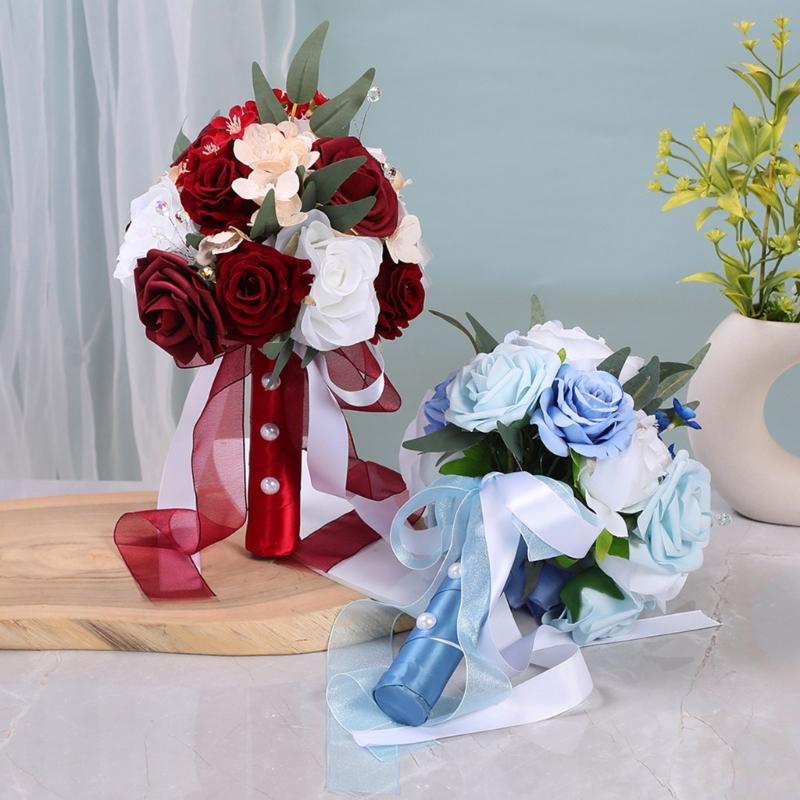 Rose Bouquet Synthetic Rose Bridal Arrangement White Blue Shades Low Care Wedding Flower Arrangement For Bride