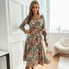 YYFS Women's Vintage Floral Print Long Sleeve Square Collar Casual Dresses