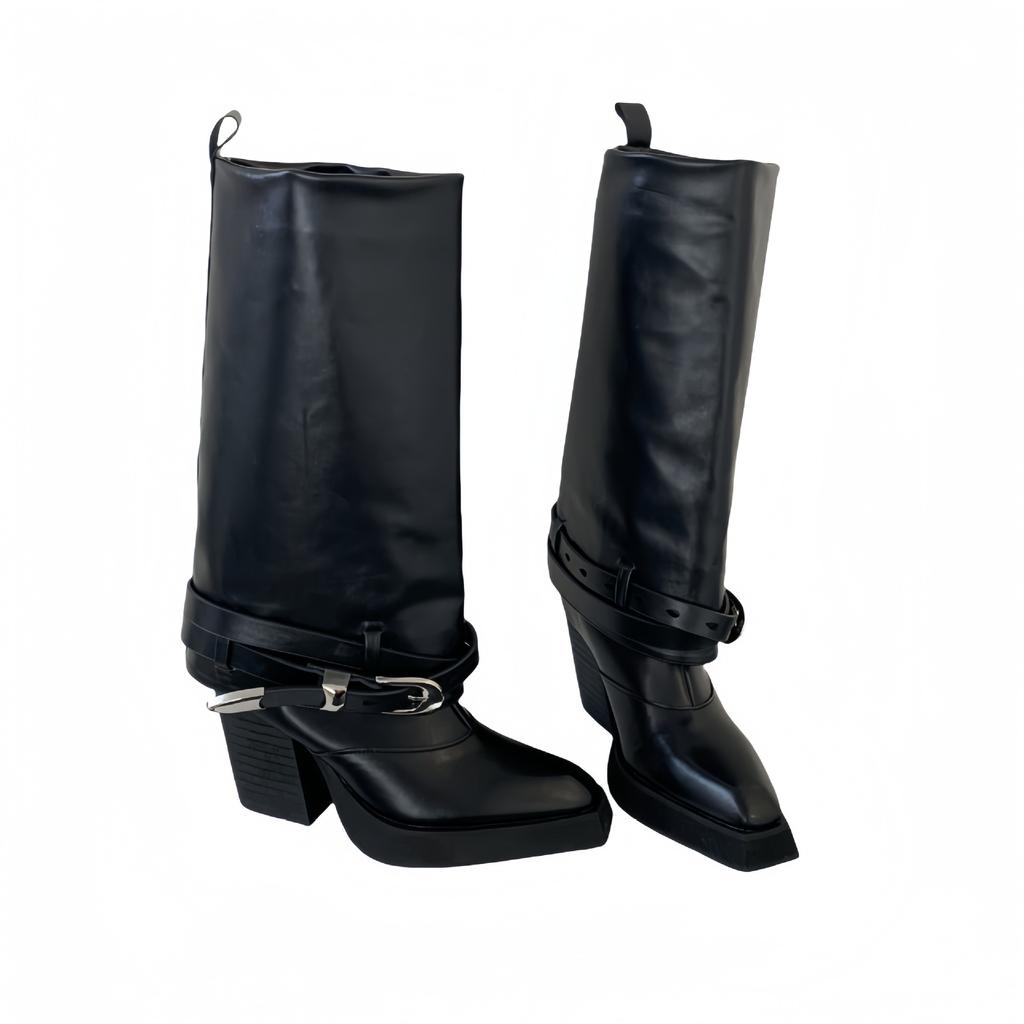 European and American retro western cowboy thick heel black long boots niche Spice girl square head boots belt buckle pants boots