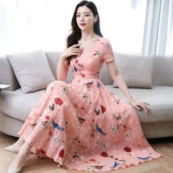 Short-sleeved Printed Ice Silk Dress Temperament 2026 Summer Women's Clothing New Fashion and Thin Floral Medium and Long Dress Age Reduction