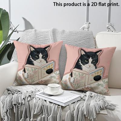 2pcs Vintage Reading Black Cat Throw Pillow Covers Cute Book Lover Cat Cushion Cases for Sofa Bedroom Living Room Decor