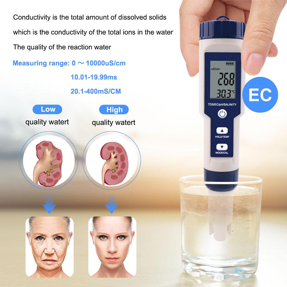 EZ9909PH Five-in-One Water Quality Tester: Tests pH, Salinity, Temperature, TDS, and EC Levels.