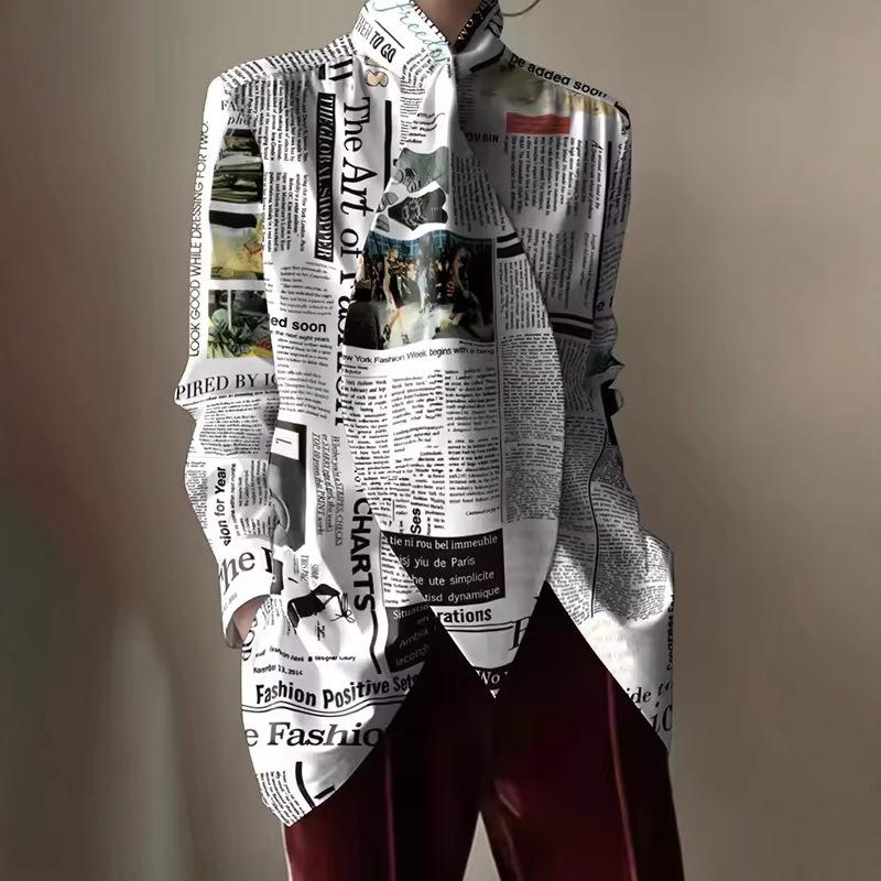 Newspaper Print Long Sleeve Shirt with Ruffle Cuff Detail