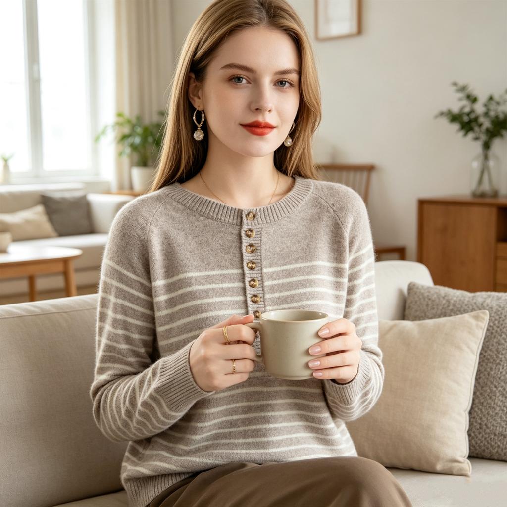 Women's Casual Striped Knit Top with Button Front and Round Neck Loose Fit for Everyday Wear