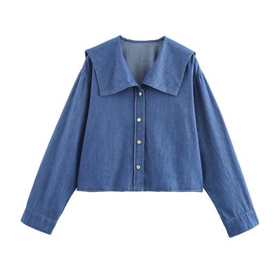 Casual Large Lapels Denim Shirts Women Solid Single Breasted Long Sleeved Blouse Spring Commuter High Street Tops