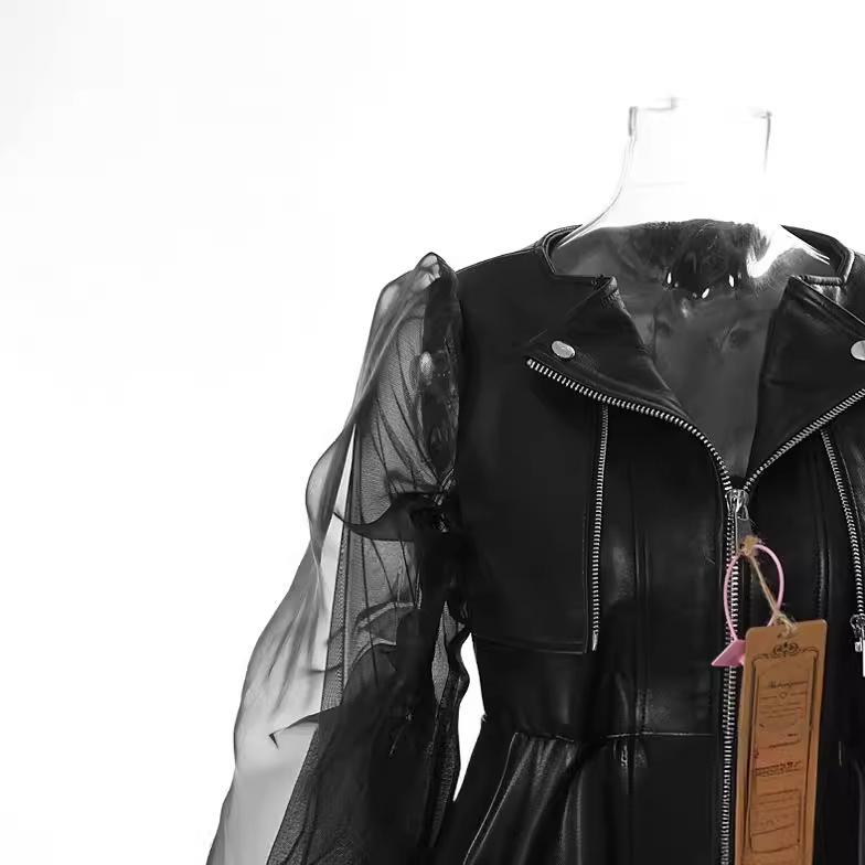 Women's 25 New Dominating See-Through Mesh Leather Motorcycle Jacket