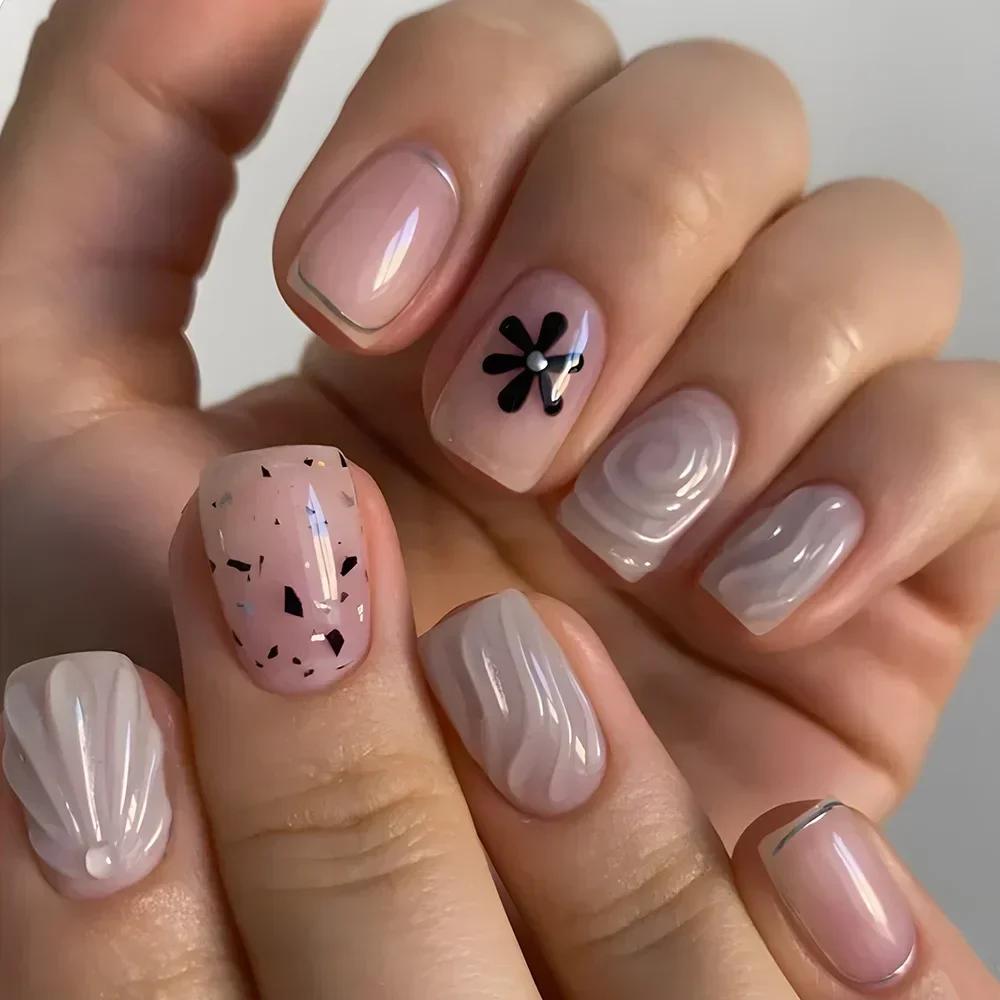 24 Piezas de Uñas Francesas Cuadradas Cortas Postizas Rosadas Acrílicas con Lazo de Perla Puntas de Uña de Cobertura Completa Extraíbles