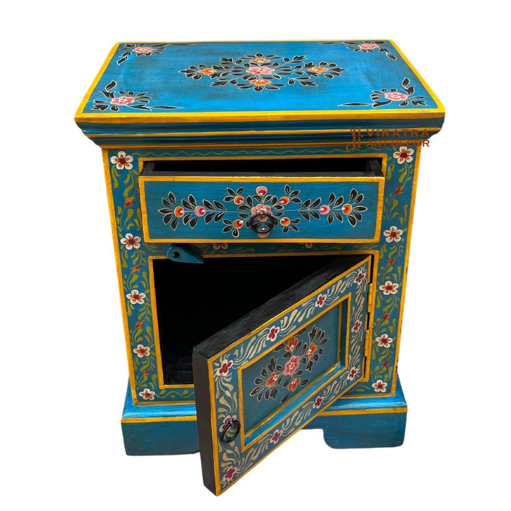 HandPainted Wooden Bedside Cabinet Desk | Blue Floral Nightstand with Drawer & Door Rajasthani Handicrafted Chest Dressers Cabinet Furniture