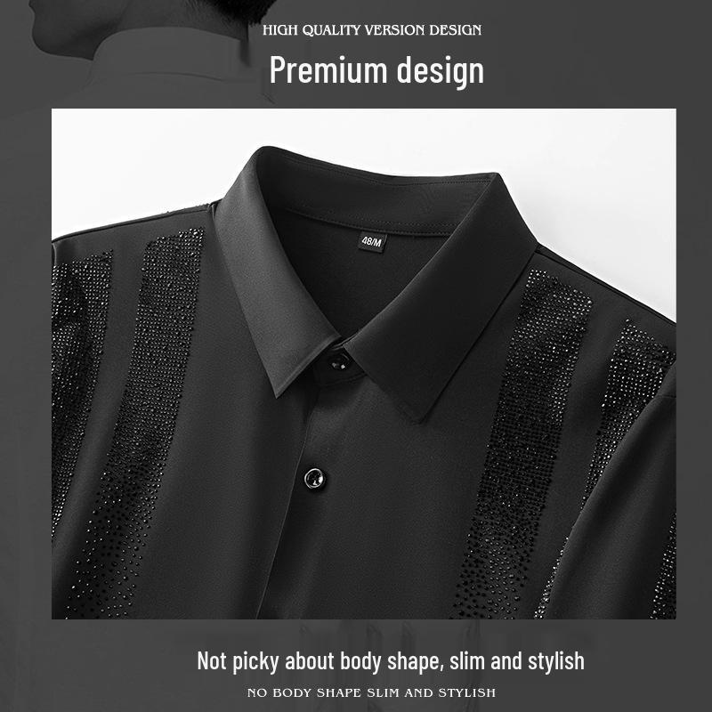 Camicia da uomo di lusso con strass, senza stiro, a maniche lunghe