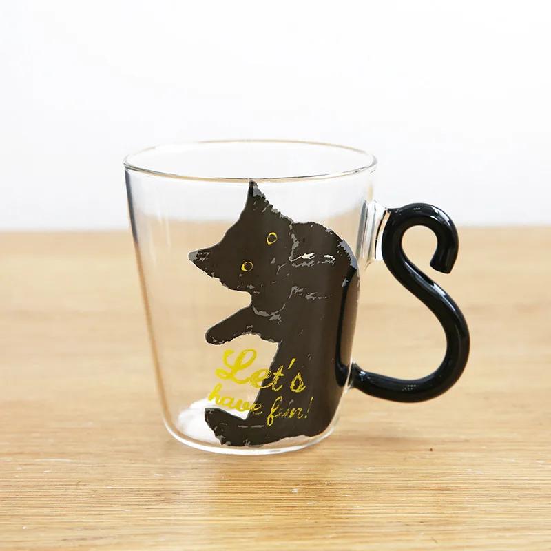 1PCS Cute Cat Glass Juice Coffee Cup Milk Tea Coffee Glass Mug Cat Tail Handle Cat Valentine's Day Lover Gifts Stainless Spoon