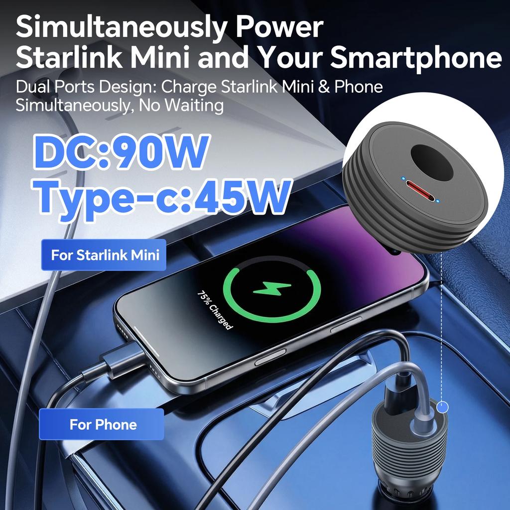 2-in-1 90W Power Cable Cigarette Lighter Adapter Car Charger Type C 12V-24V To 30V Booster DC Power Cord DC Male to Lighter Plug For Starlink Mini