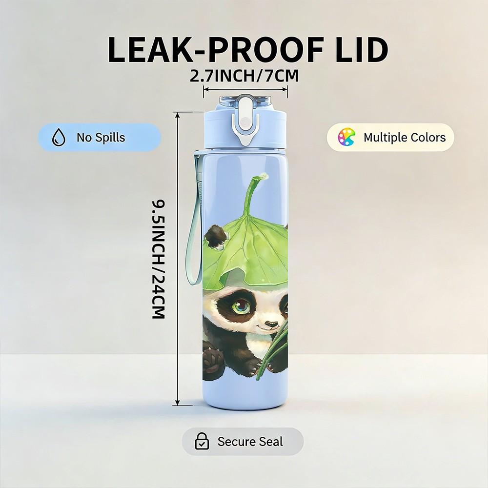 1PC Panda Under Green Leaf Canopy Pattern 750ml Color Plastic Sports Water Bottle Leakproof Flip Straw Lid Suitable for Sports Office Home Use