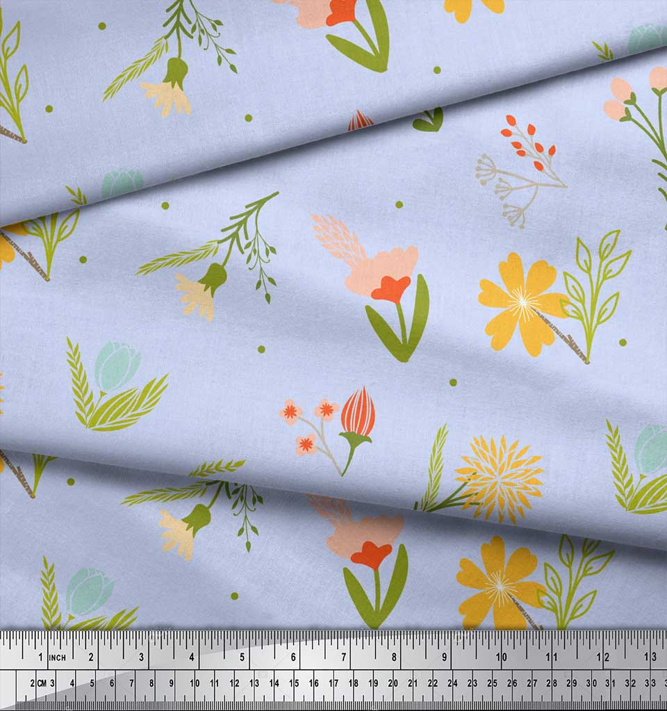 Soimoi Blue Japan Crepe Satin Fabric Artistic Leaf & Floral Printed Craft Fabric by the metre 42 Inch