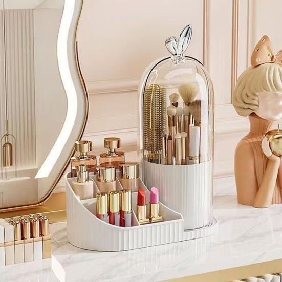 Rotating Makeup Brush Holder Dustproof Makeup Brush Organizer with Sliding Door Cosmetic Tools Beauty Brushes Holder for Vanity Table Bathroom
