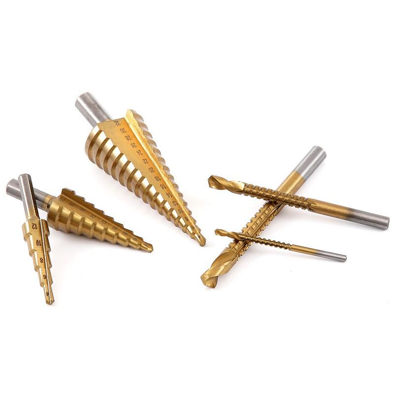 6-Piece Titanium-Plated Pagoda Drill Set for Woodworking: Serrated Hole Opening, Expansion, and Groove Cutting with Plastic Box.