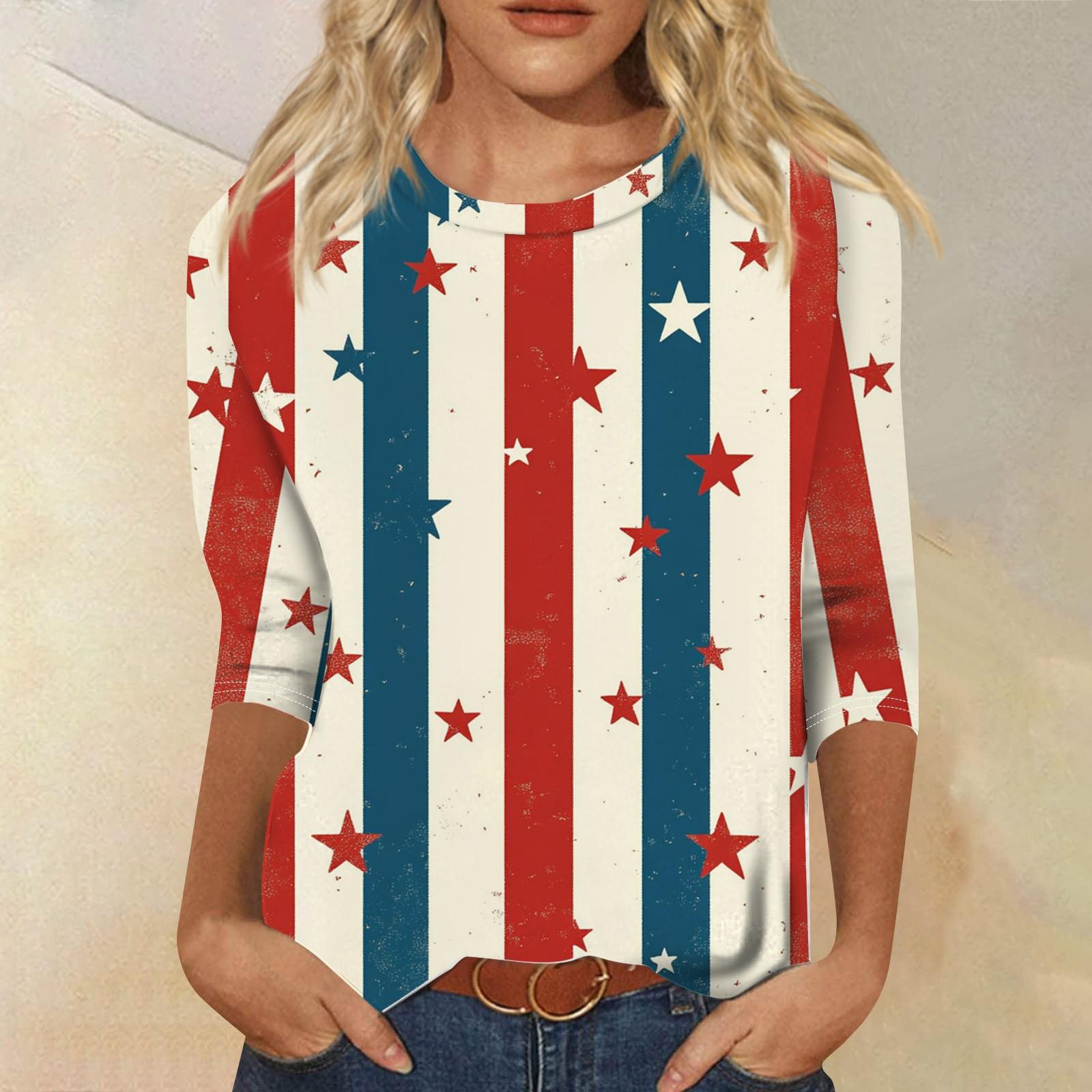 

Women s Fashion Casual 3/4 Sleeve Independence Day Printed Round Neck Pullover Top XL винний