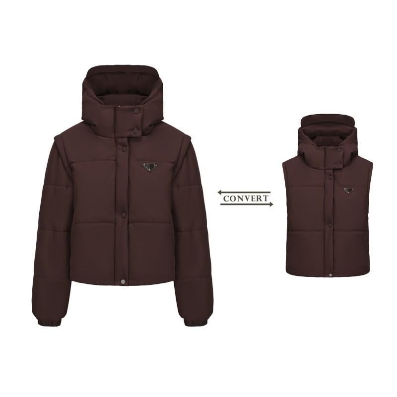 Womens Detachable Sleeve Puffer Vest Coat Thick Warm Cotton Jacket Hooded Short Street Style