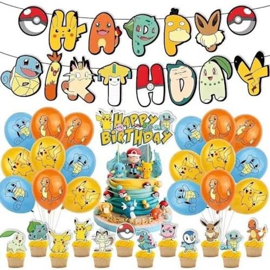 Classic Pokémon Theme Party Decoration Set - Includes 18 themed balloons featuring popular characters + 13 cake toppers 1 decorative flat ribbon.