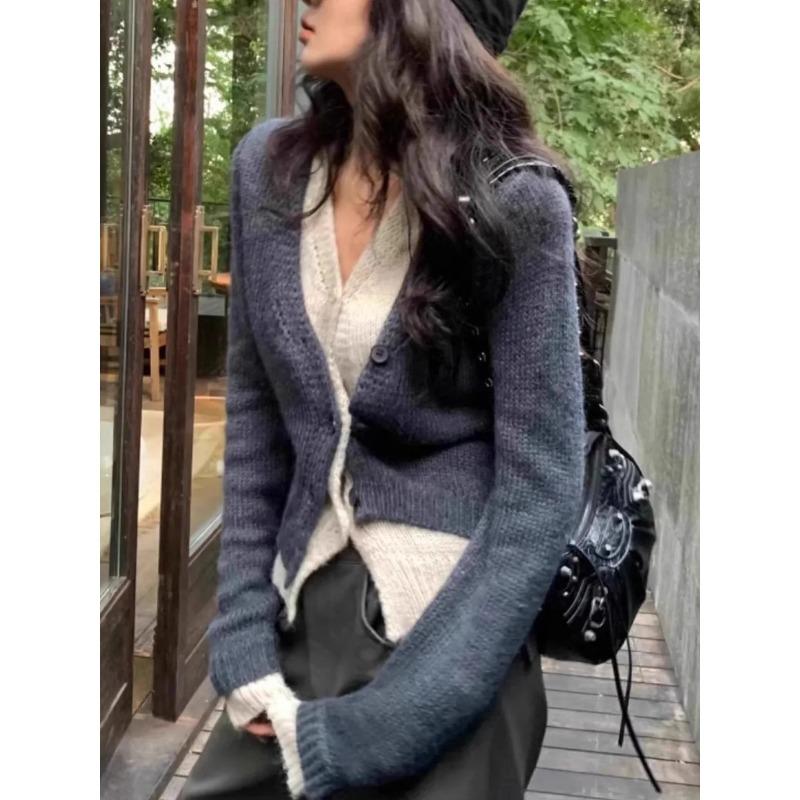 Šedý pletený kardigan s efektem dvou dílů Dámský 2024 Jaro a Podzim Malý výstřih do V Základní top Svetr Svrchní oděv