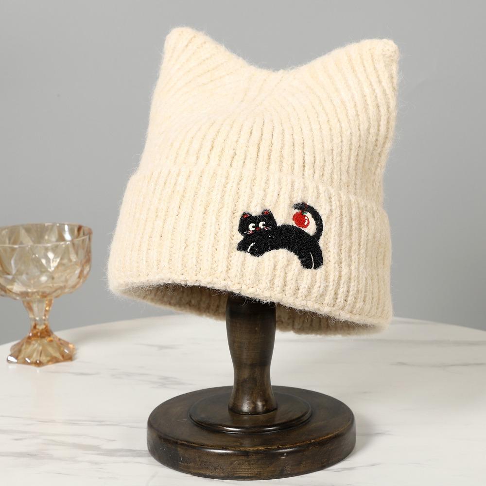 Embroidered Cat Cat's Ears Knitted Hat Soft Woolen Hat Sweet Warm Cap  Outdoor