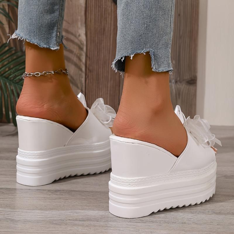 Women's Black Faux Cover Wedge Sandals with Floral Accent - 10cm Height Increase, Peep Toe, Thick Sole, Stylish Summer Platform Shoes for Casual