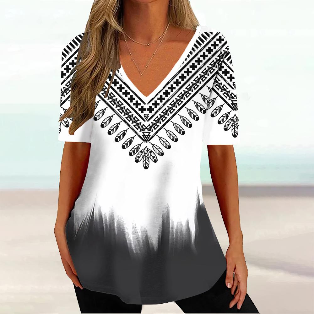 Summer V-neck 3D Geometric Striped Printed Top Fashionable Casual Short Sleeved Women's T-shirts