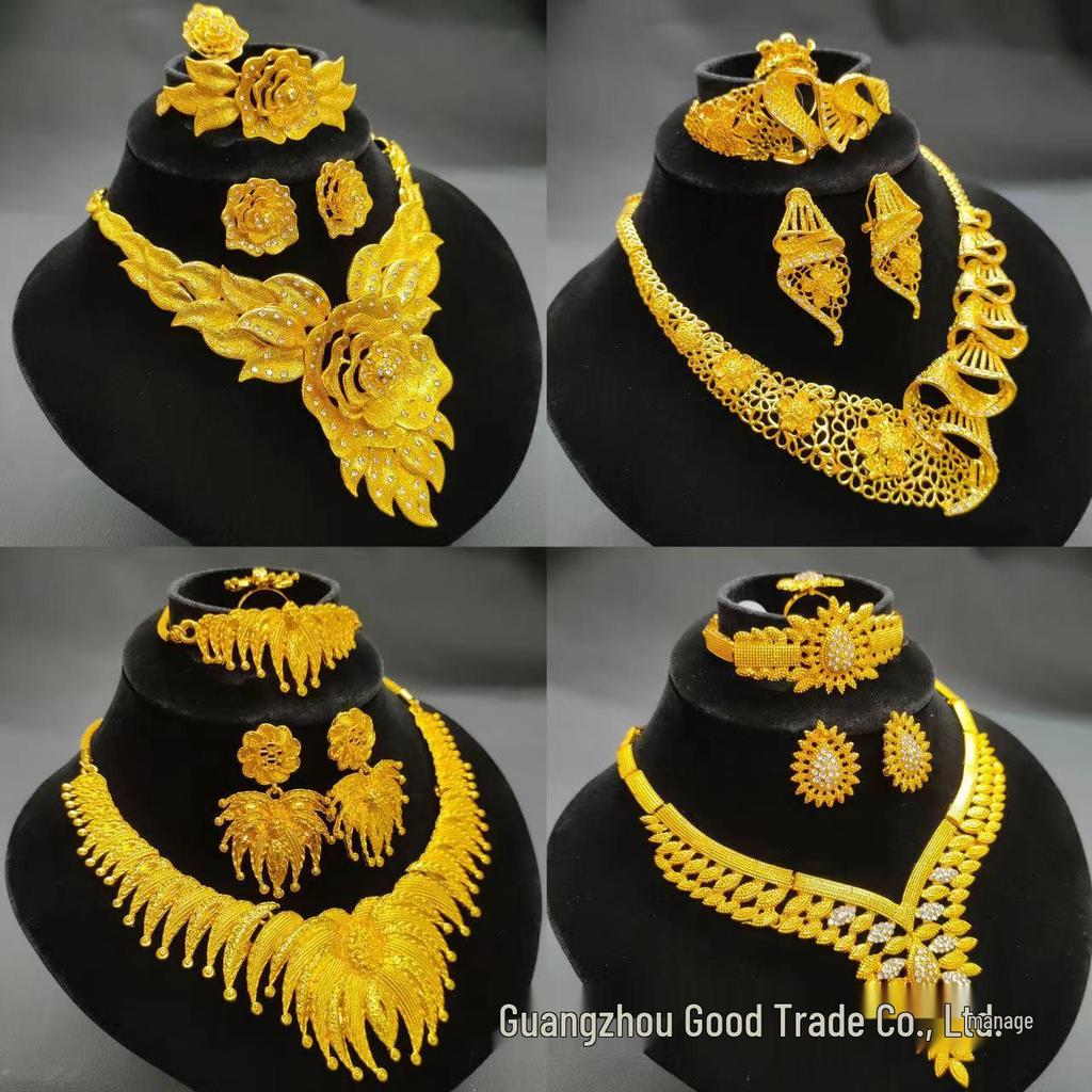 24k Gold Plated Dubai Bridal Jewelry Set: Necklace & Earrings (4-Piece)