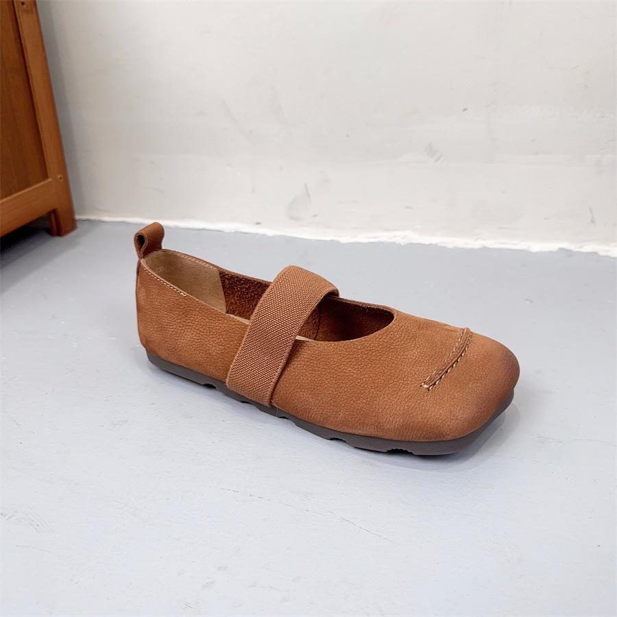 Johnature Flache Schuhe aus Rindsleder mit quadratischer Zehenpartie, Halbschuhe, echtes Leder, weiche Sohle, vielseitige Damenschuhe