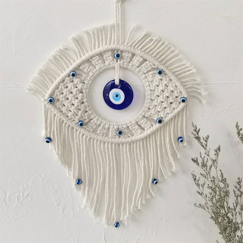 Evil Eye Macramé Wall Hanging – Handmade Boho Tapestry With Glass Beads – 33x28cm – Lucky Amulet For Home, Living Room, Bedroom – Housewarming Gift