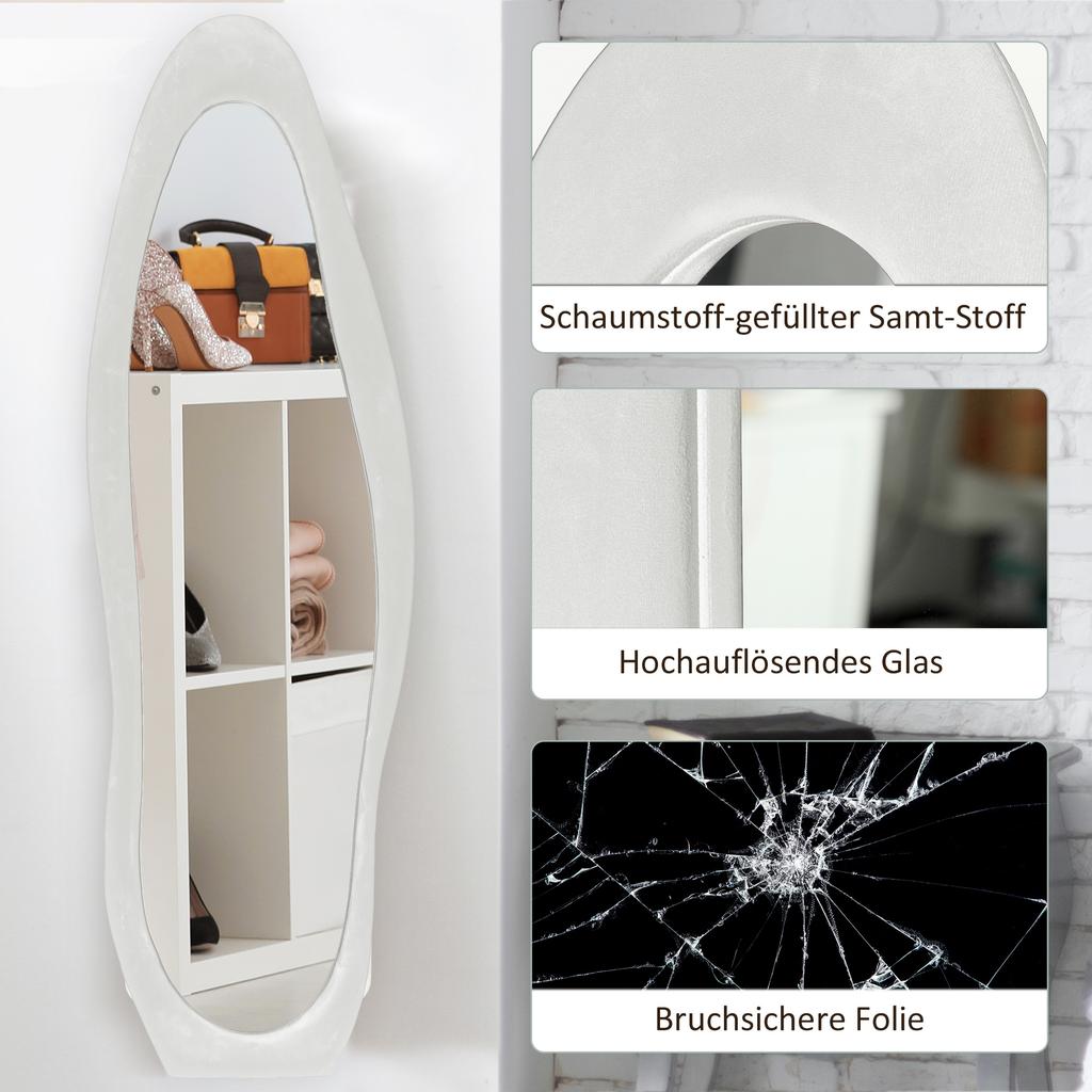 Specchio a figura intera, Forma ondulata, 160 x 50 cm, Autoportante, Rivestimento del telaio simile al velluto, Camera da letto, Soggiorno, Bianco