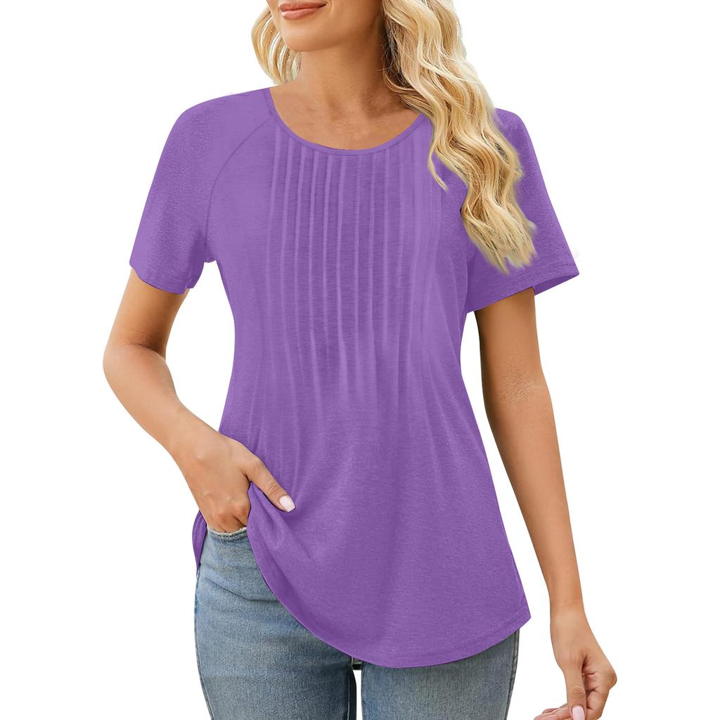 Womens T Shirts Short Sleeve Pleated  Casual Round Neck Summer Tops Blouses