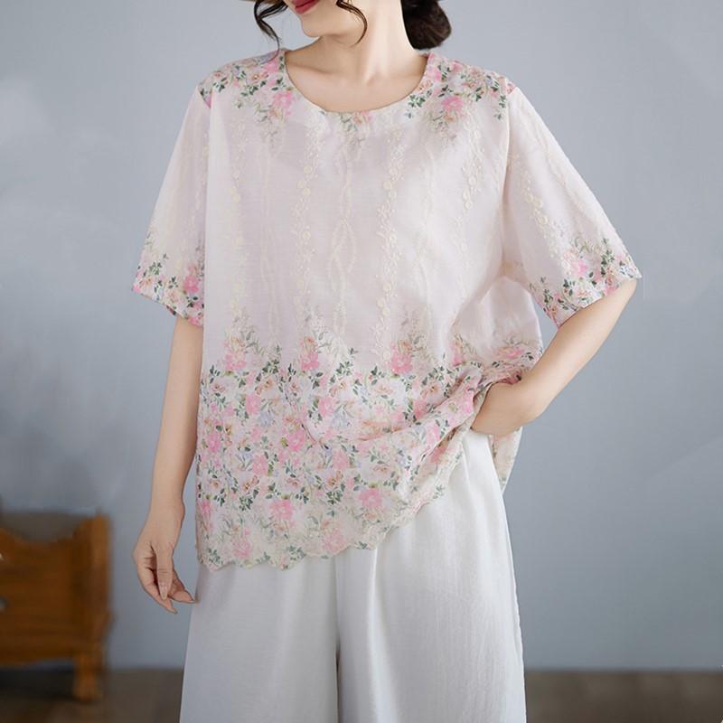 Short sleeve Oversized cotton vintage floral Casual loose t shirt tops Women summer t-shirt